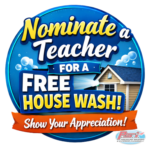 Promotional circular badge urging 'Nominate a Teacher for a Free House Wash' with a house image and orange 'Show Your Appreciation!' ribbon.