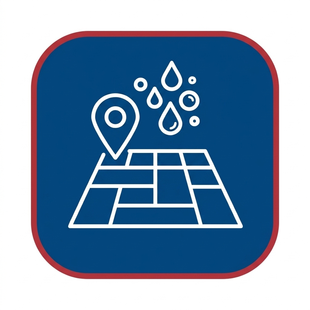 Icon of a map with a location pin and water droplets indicating flooding or water risk.