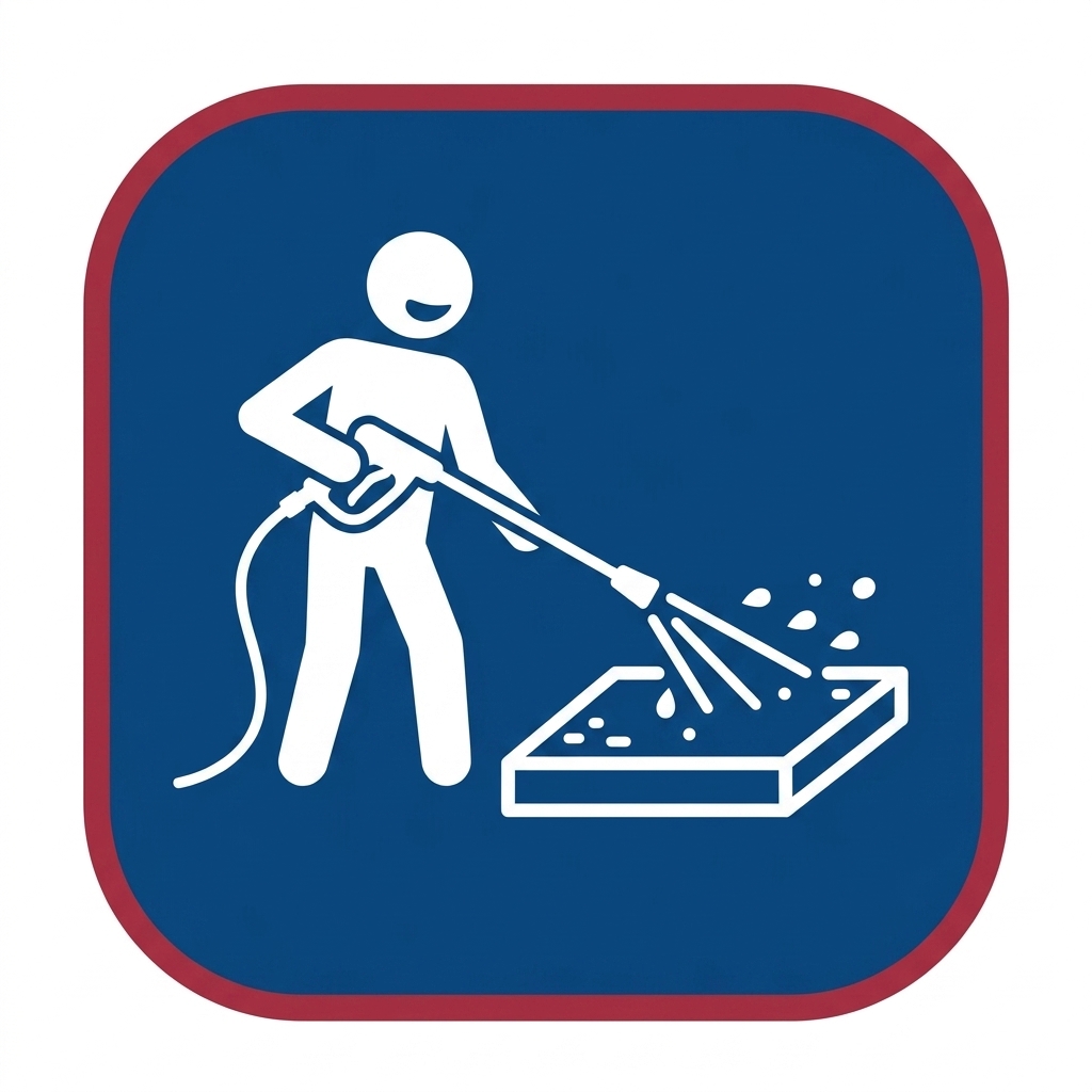 Icon of a person using a pressure washer to clean a surface, indicating cleaning/maintenance activity on a blue safety sign