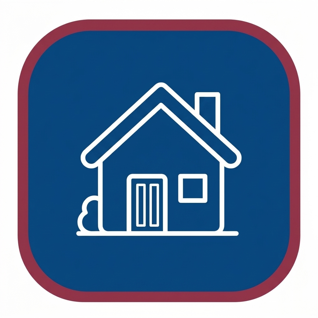 Home app icon: white line drawing of a house on a blue rounded square with a red border, representing the Home function.