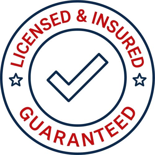 Round badge with a dark blue border, red text reading 'Licensed & Insured' (top) and 'Guaranteed' (bottom), and a blue checkmark in the center with two small stars on either side.