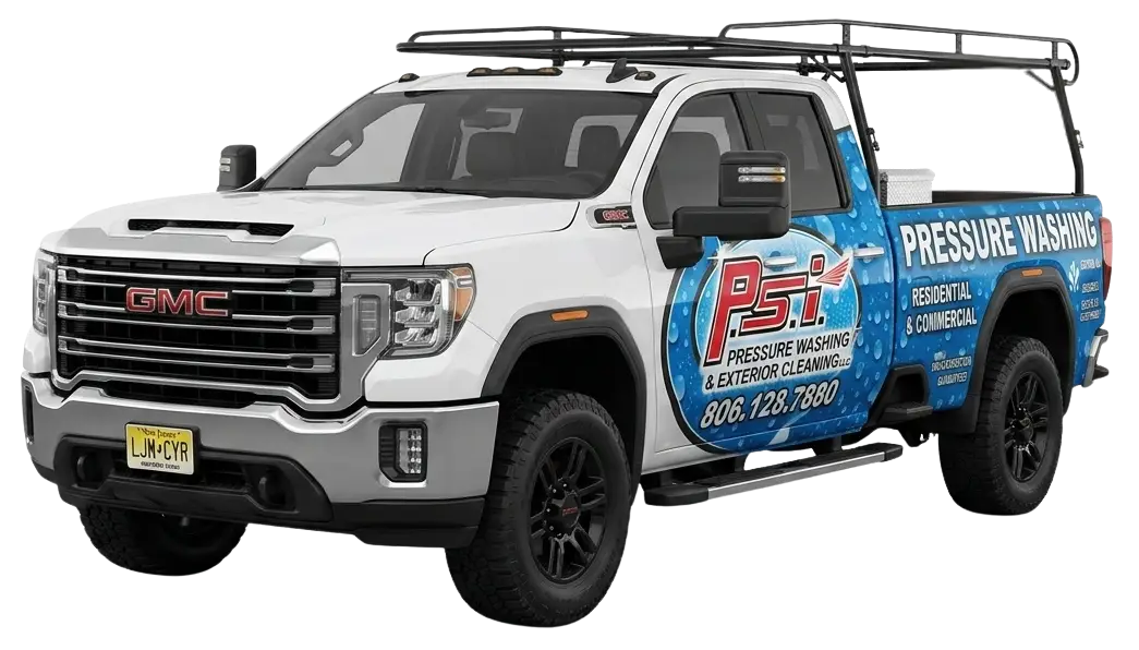 GMC pressure-washing truck with blue advertisement wrap and ladder rack, promoting PSI Cleaning & Exterior Cleaning services.