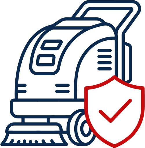Industrial floor grinding machine with a red shield and checkmark indicating safety certification, on a white/blue icon style background.