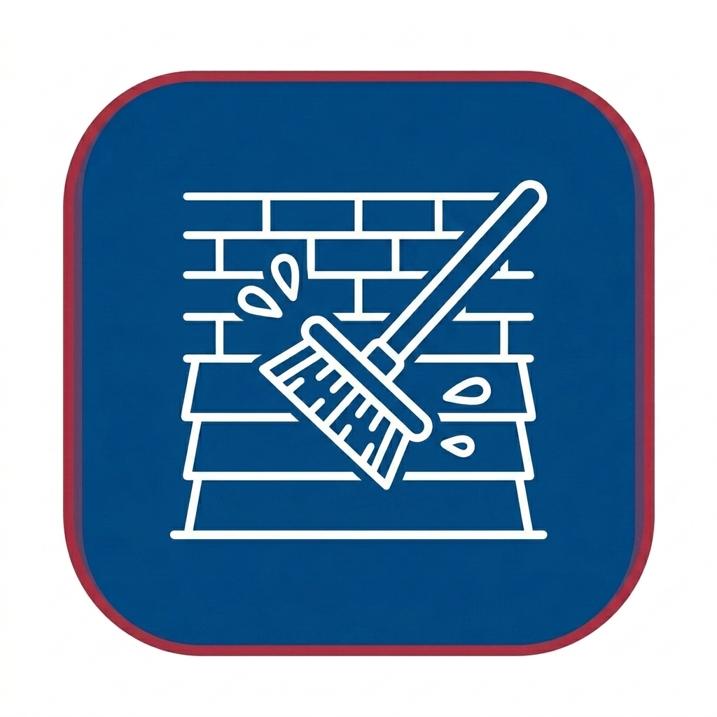 Icon of a broom and mop scrubbing a brick wall, representing cleaning