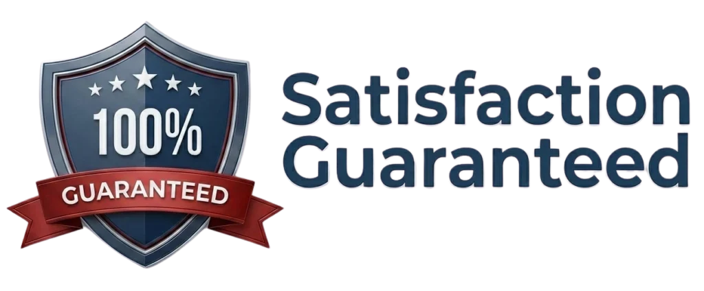 Shield badge with '100% GUARANTEED' and adjacent 'Satisfaction Guaranteed' text, blue medal style indicating a guarantee.