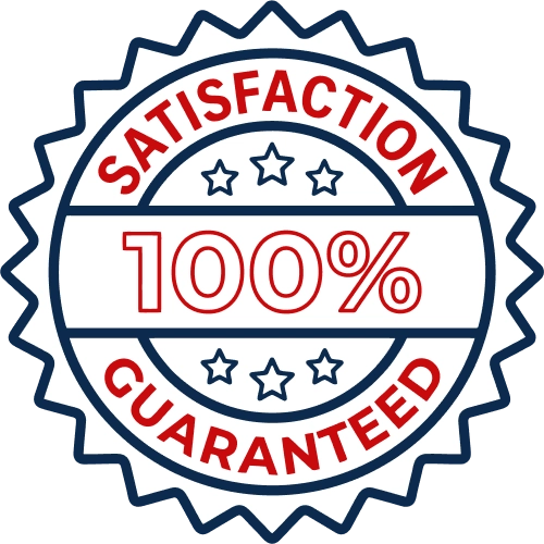 Seal badge stating 'Satisfaction Guaranteed' with '100%' centered, in red and blue colors indicating a 100% guarantee