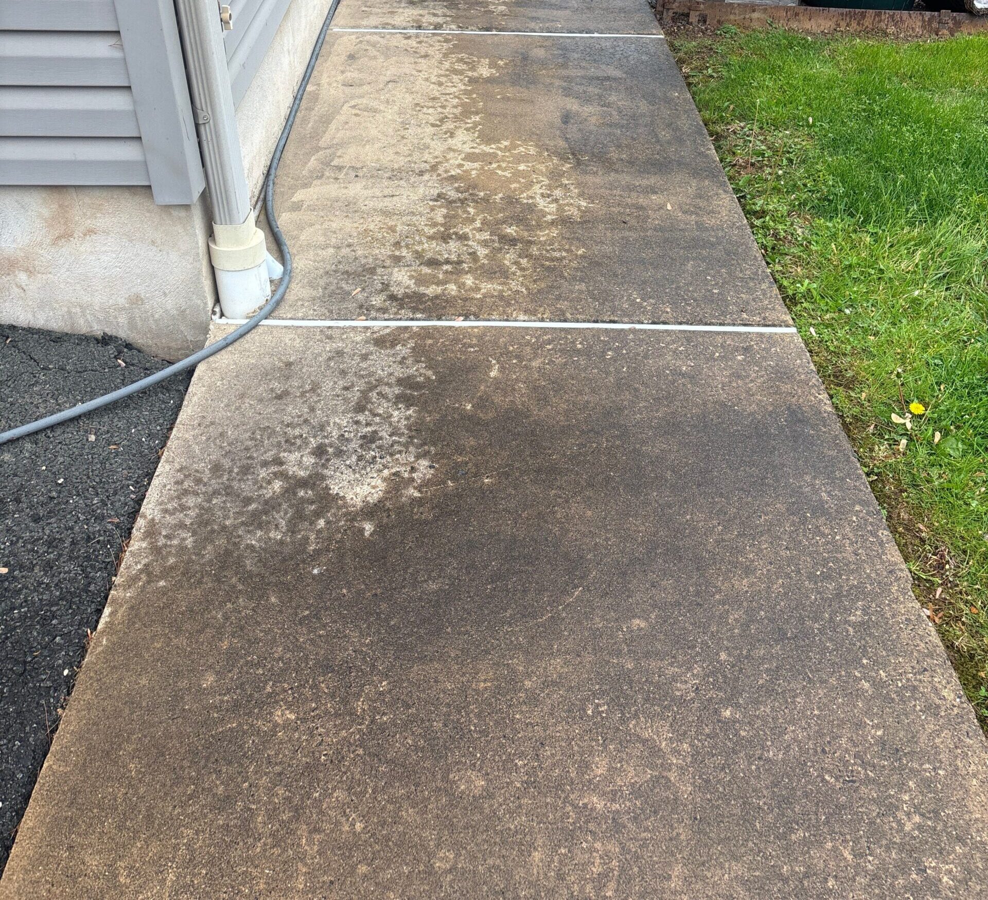 Concrete walkway along the side of a gray house; a green hose bib and hose run along the wall near a decorative wooden well and a green trash can nearby.