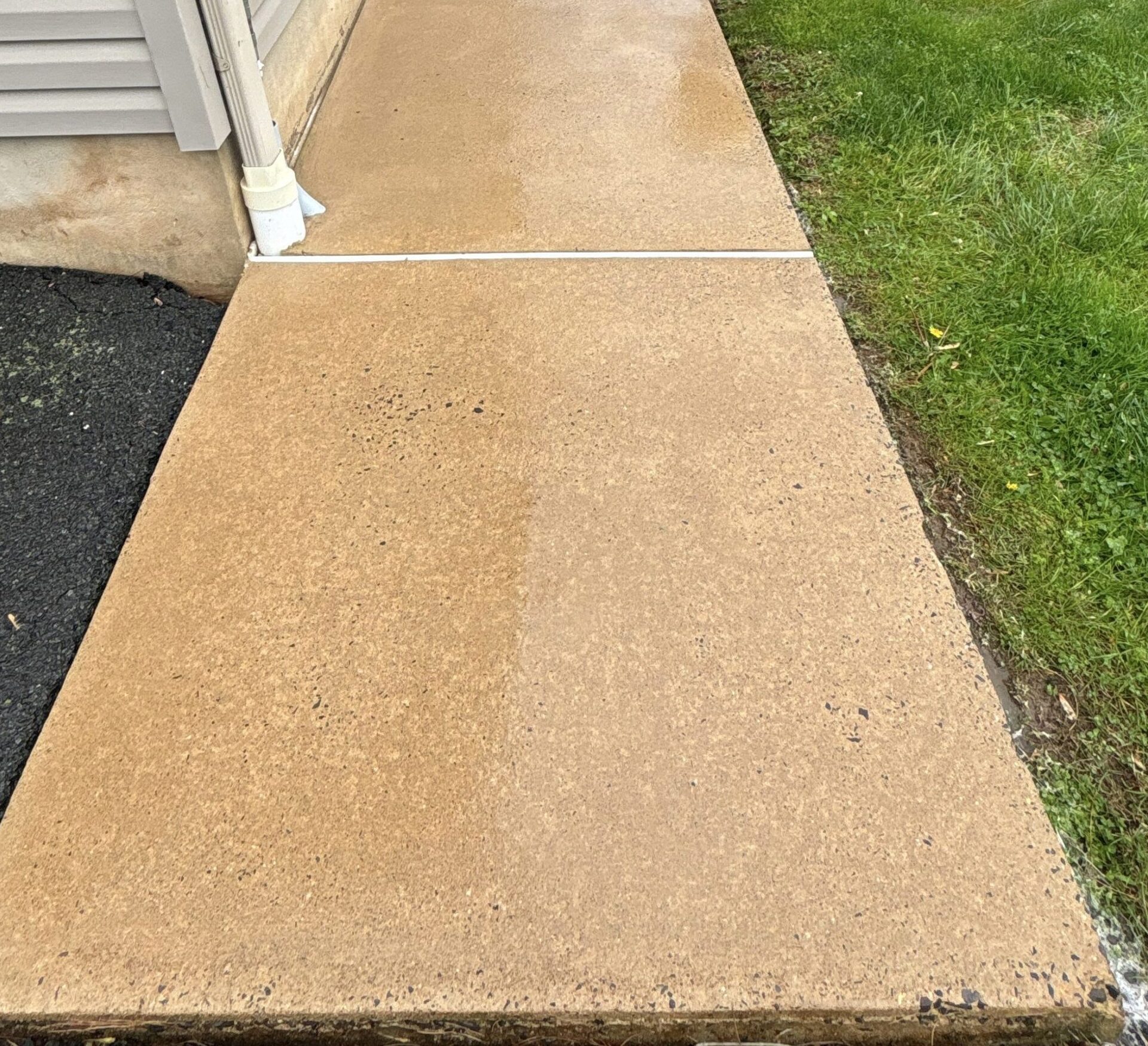 Beige concrete walkway running along the side of a house, with yard on the right and a fence beyond in the distance.