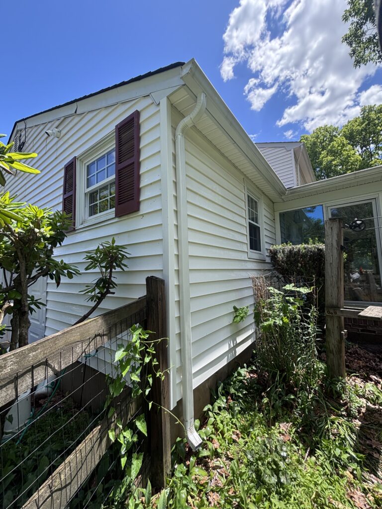 White siding house corner with burgundy shutters, white gutter, and overgrown plants along a wooden fence under a blue sky.