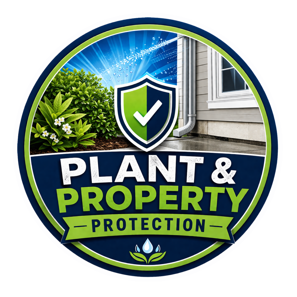 Circular badge logo for Plant & Property Protection featuring a shield with a checkmark, greenery, and a house gutter edge.
