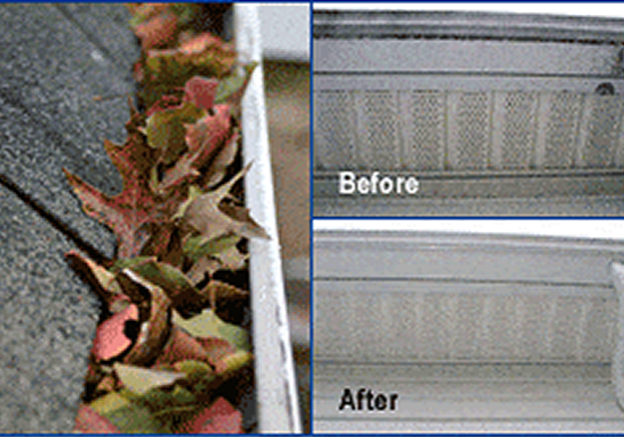 Before/after collage showing cleaning results: left panel has a gutter clogged with fallen leaves; right panels show a dirty vent/grill labeled 'Before' and a cleaned metal surface labeled 'After'.