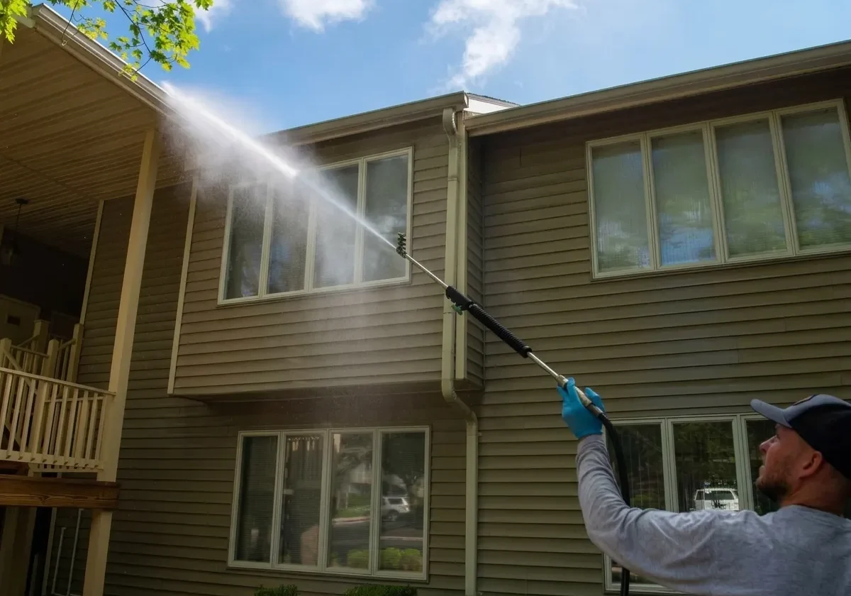 Man using a power wash gun to wash gutter