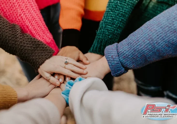 A clean group of people stands in a circle, each extending one hand into the center, layering their hands on top of one another. They are wearing colorful, knitted sweaters, suggesting unity and community teamwork.