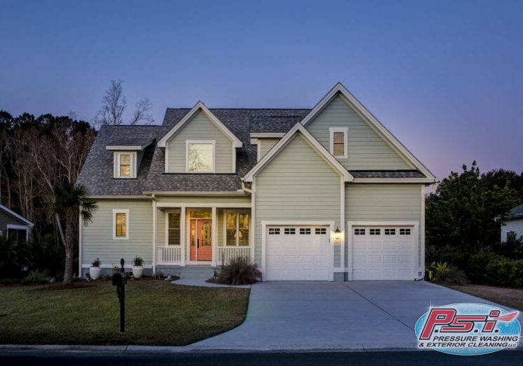 Two-story house with light green, clean siding and a two-car garage at dusk. The home boasts multiple windows, a well-maintained lawn, and significant curb appeal with its lit front porch featuring columns. A driveway leads to the garage doors, and trees are visible in the background.
