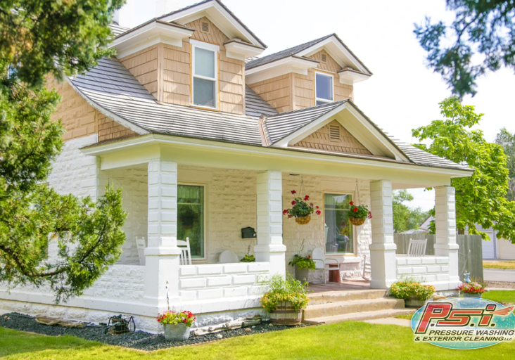 A charming white house with a cozy porch adorned with hanging flower baskets and potted plants. The home's exterior features dormer windows on the upper level and a well-maintained lawn, revived each spring. Tall trees frame the scene, adding to the peaceful, inviting atmosphere.